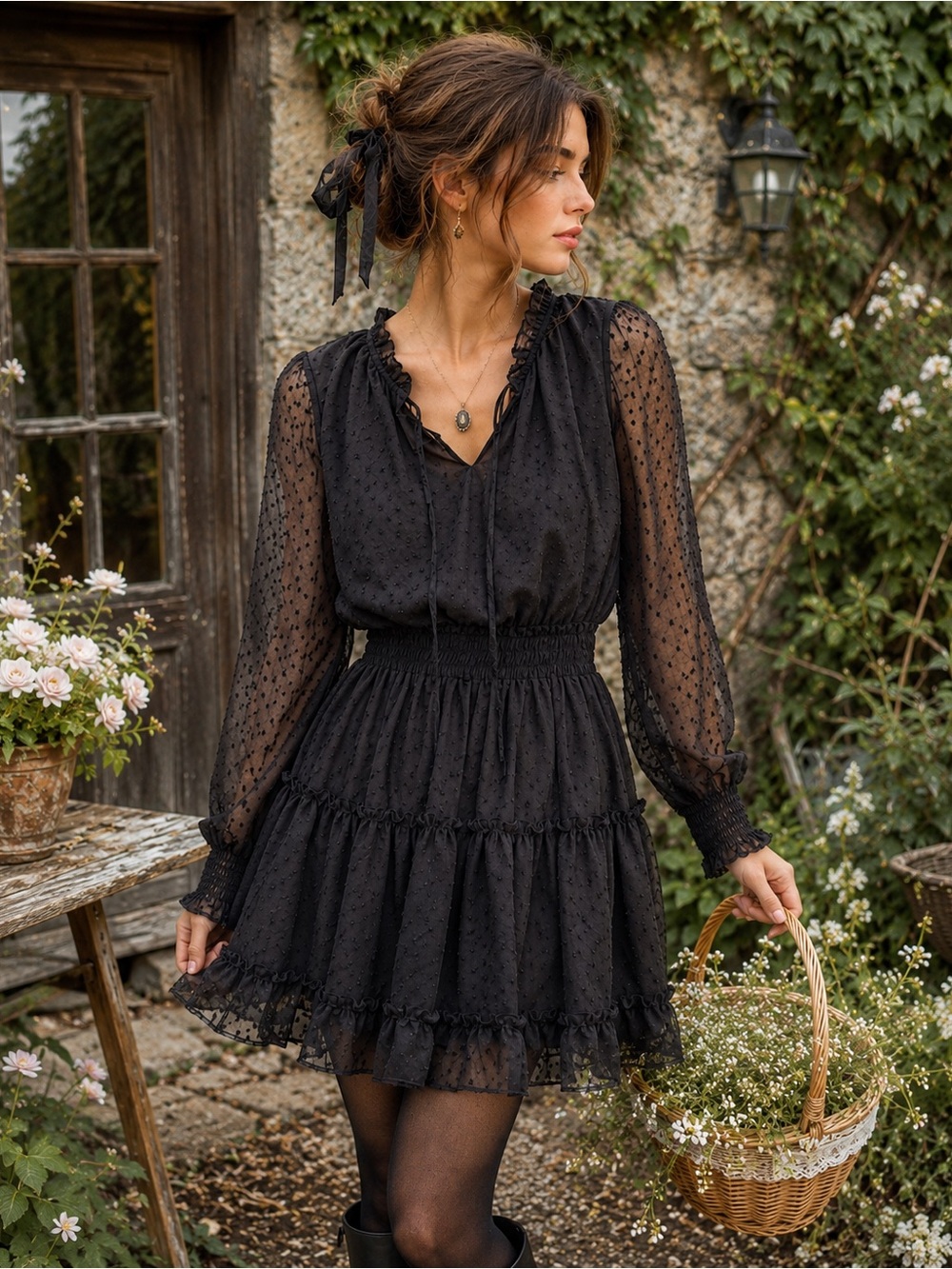 Japna Black Swiss Dot Ruffle Mini Dress Sheer Sleeve Cottagecore S Whimsigoth